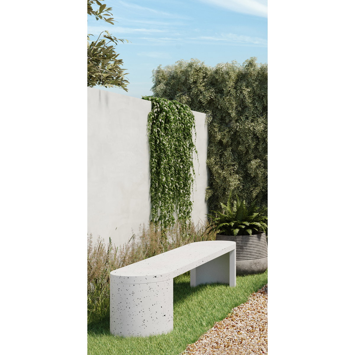 Lyon Outdoor Bench White Terrazzo, by Moe's Home, 5'10.9" width x 1'5.7" height x 1'3" depth View 9