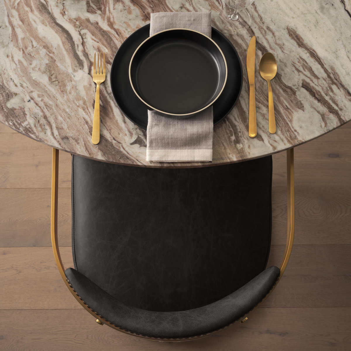 Hollyfield Curved Back Dining Side Chair | Black Leather with Gold Iron, Dining Chair by Mercana, 20.5" length x 21.5" width x 29.5" height View 3