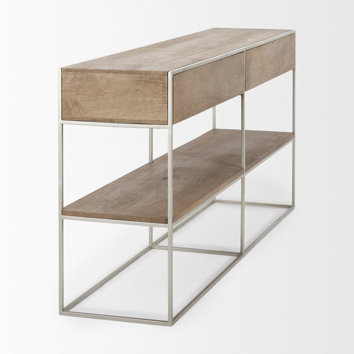 Morris I 63L x 15W x 31H Brown Wood with Silver Metal Frame 2 Drawer Console Table, by Mercana, 63" length x 15" width x 31" height View 7