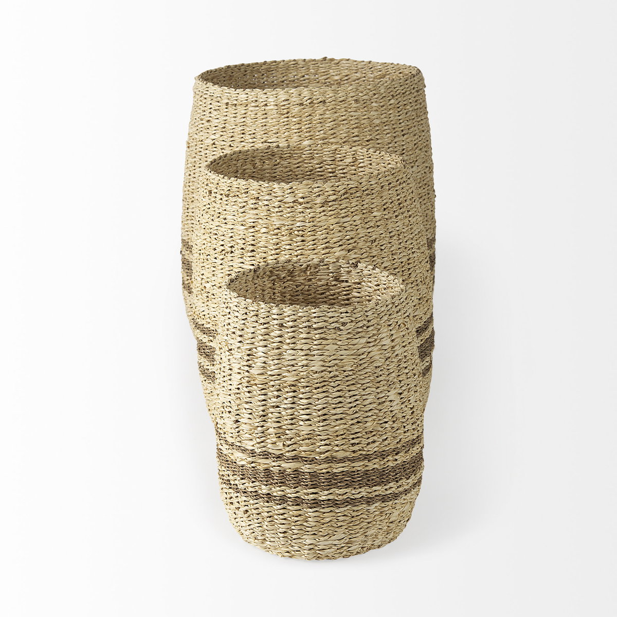 Sivannah  (Set of 3) Light Brown and Medium Brown Striped Seagrass Round Basket, Bins & Basket by Mercana, 19.69" length x 19.69" width x 23.62" height View 4