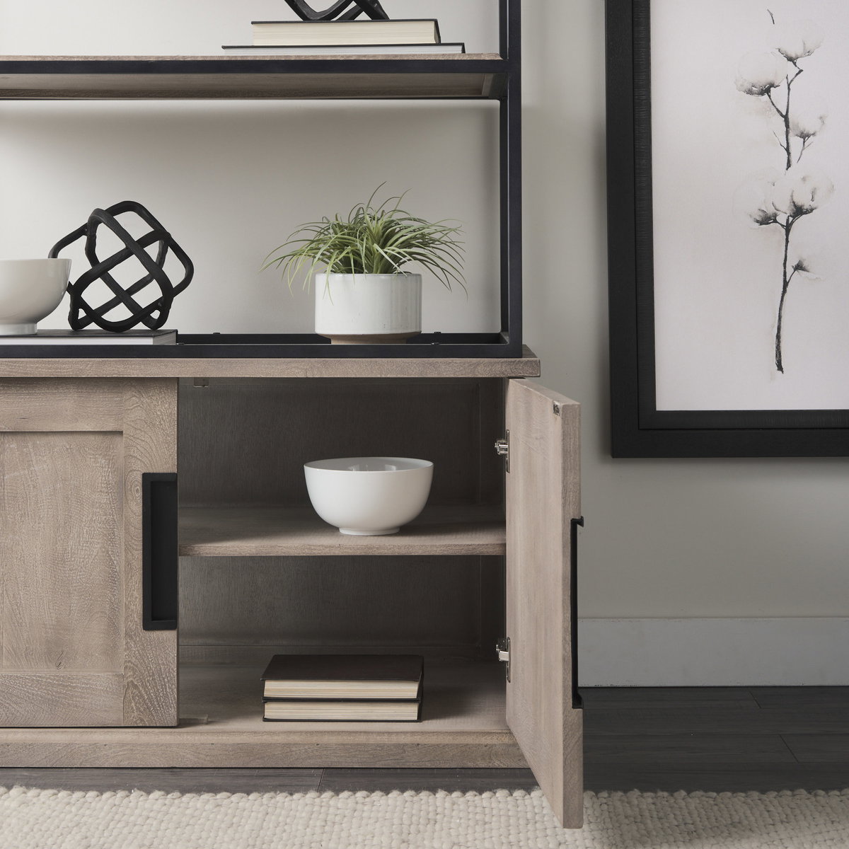 Braxton II Light Brown Wood and Iron Three Shelf Shelving Unit 41.5L x 18.5W x 9, Shelving & Bookcase by Mercana, 41.5" length x 18.5" width x 90" height View 3