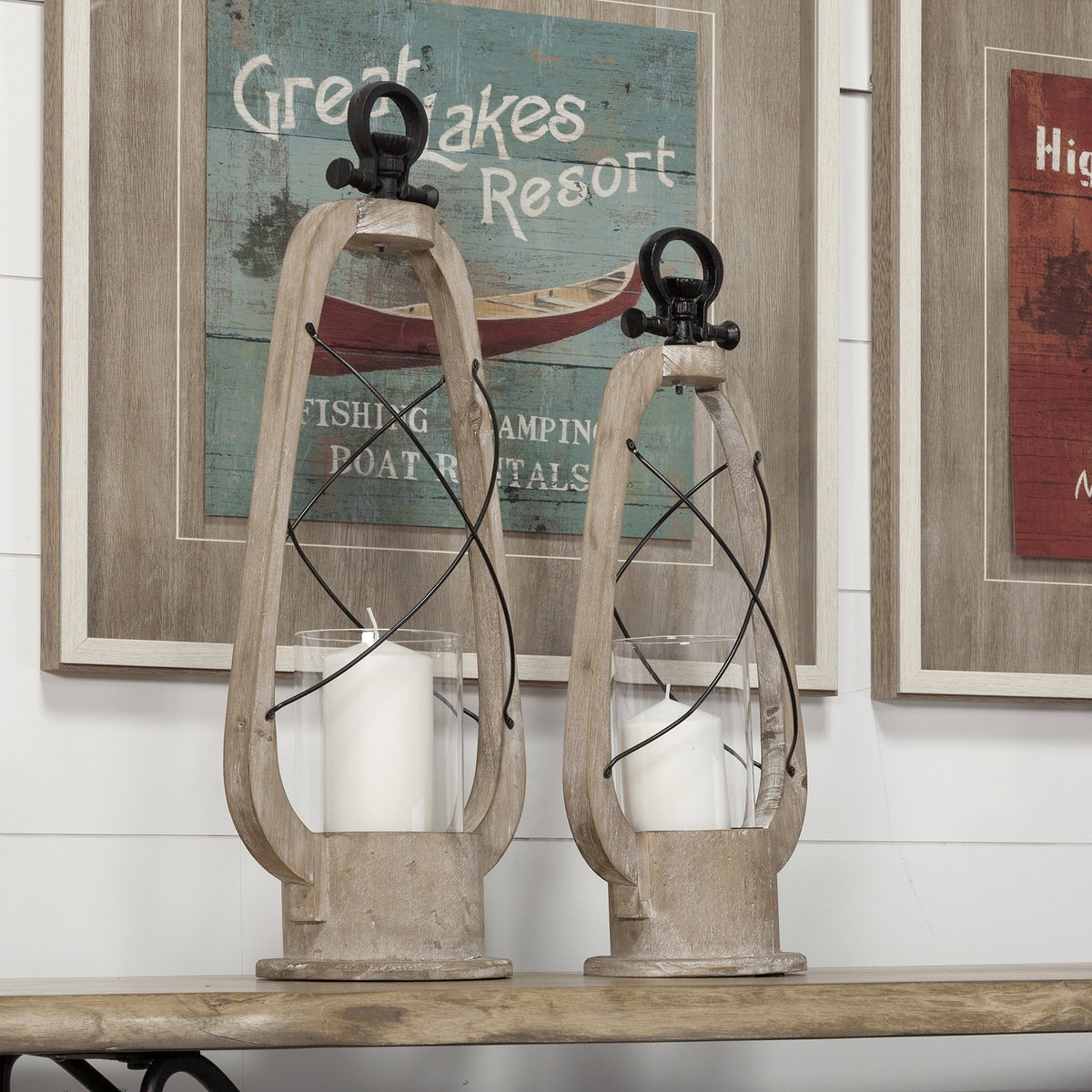 Zain I Small Brown Wooden Vintage Inspired Candle Holder Lantern, Lighting by Mercana, 10.04" length x 5.71" width x 21.26" height View 3