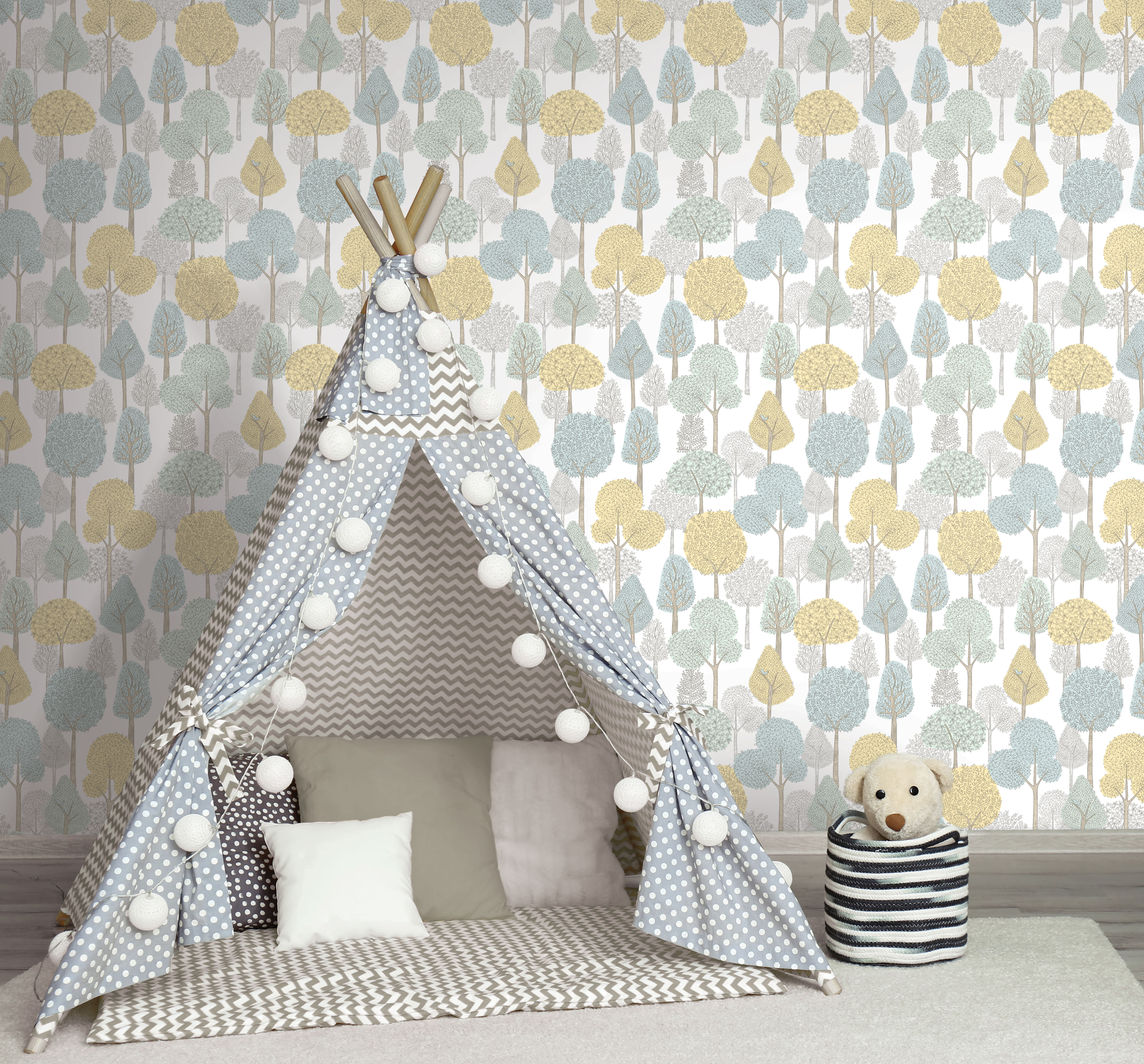 Treetops Aqua & Yellow Peel & Stick Wallpaper, by York Wall, 20' length x 1'8.5" width x 0.02" depth View 3