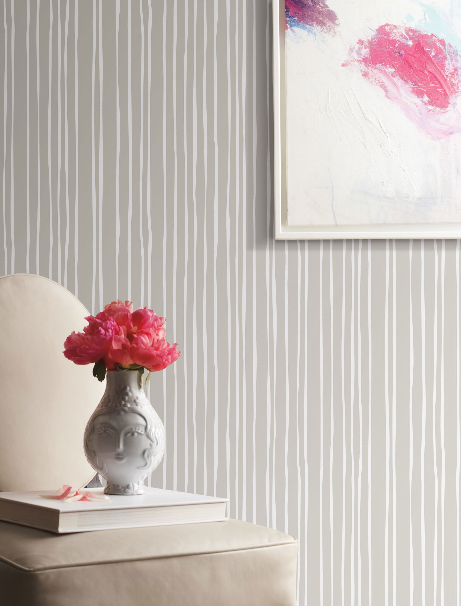 Grey & Cream Liquid Lineation Wallpaper, by York Wall, 27' length x 2'3" width x 0.02" depth View 3