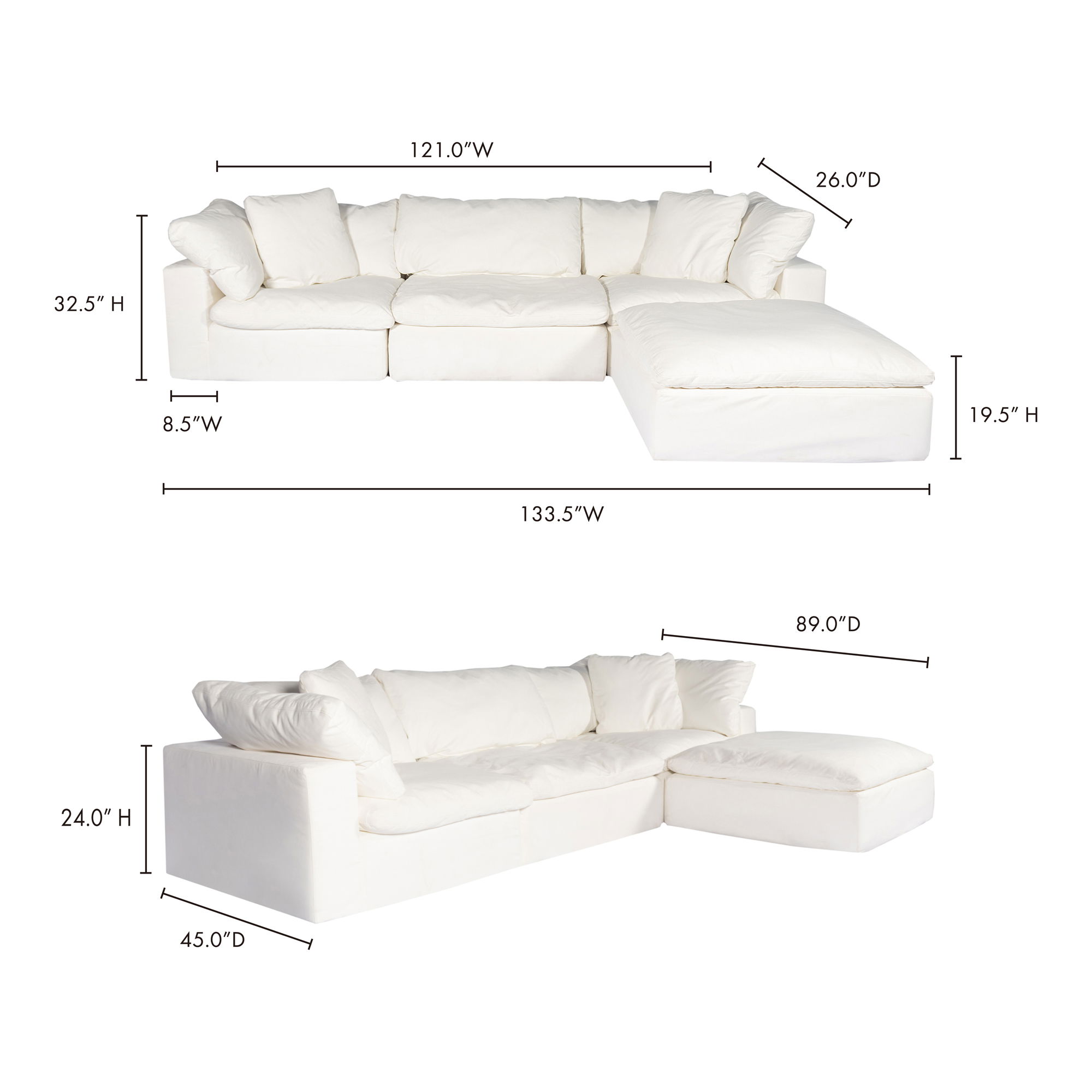 Clay Lounge Modular Sectional Cream White, Sectional Sofa by Moe's Home, 133.5" width x 32.5" height x 89" depth View 4