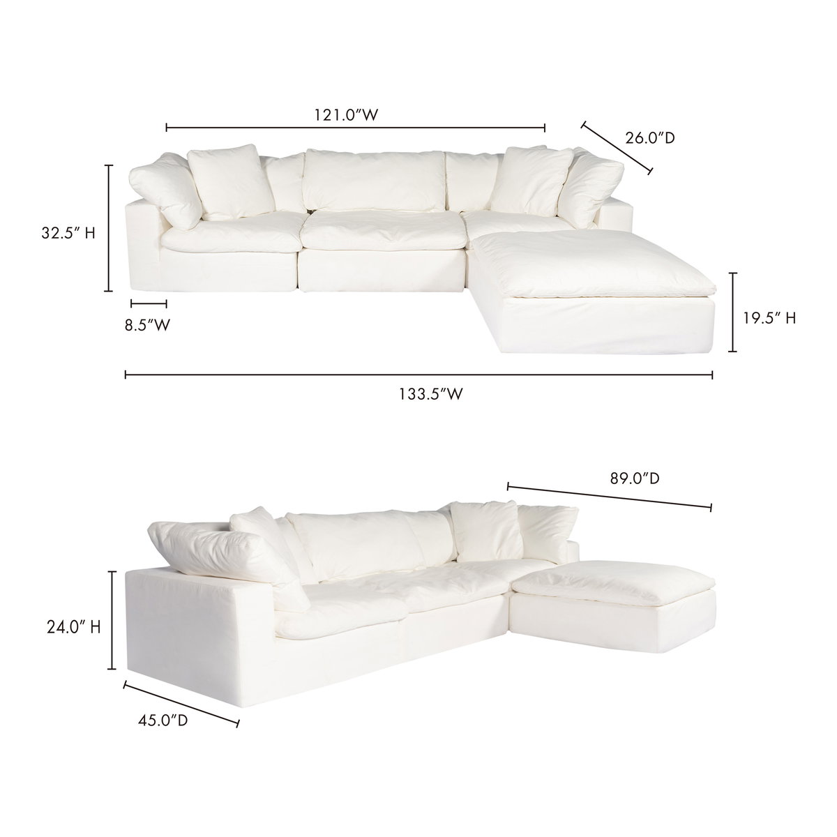 Clay Lounge Modular Sectional Cream White, Sectional Sofa by Moe's Home, 133.5" width x 32.5" height x 89" depth View 4