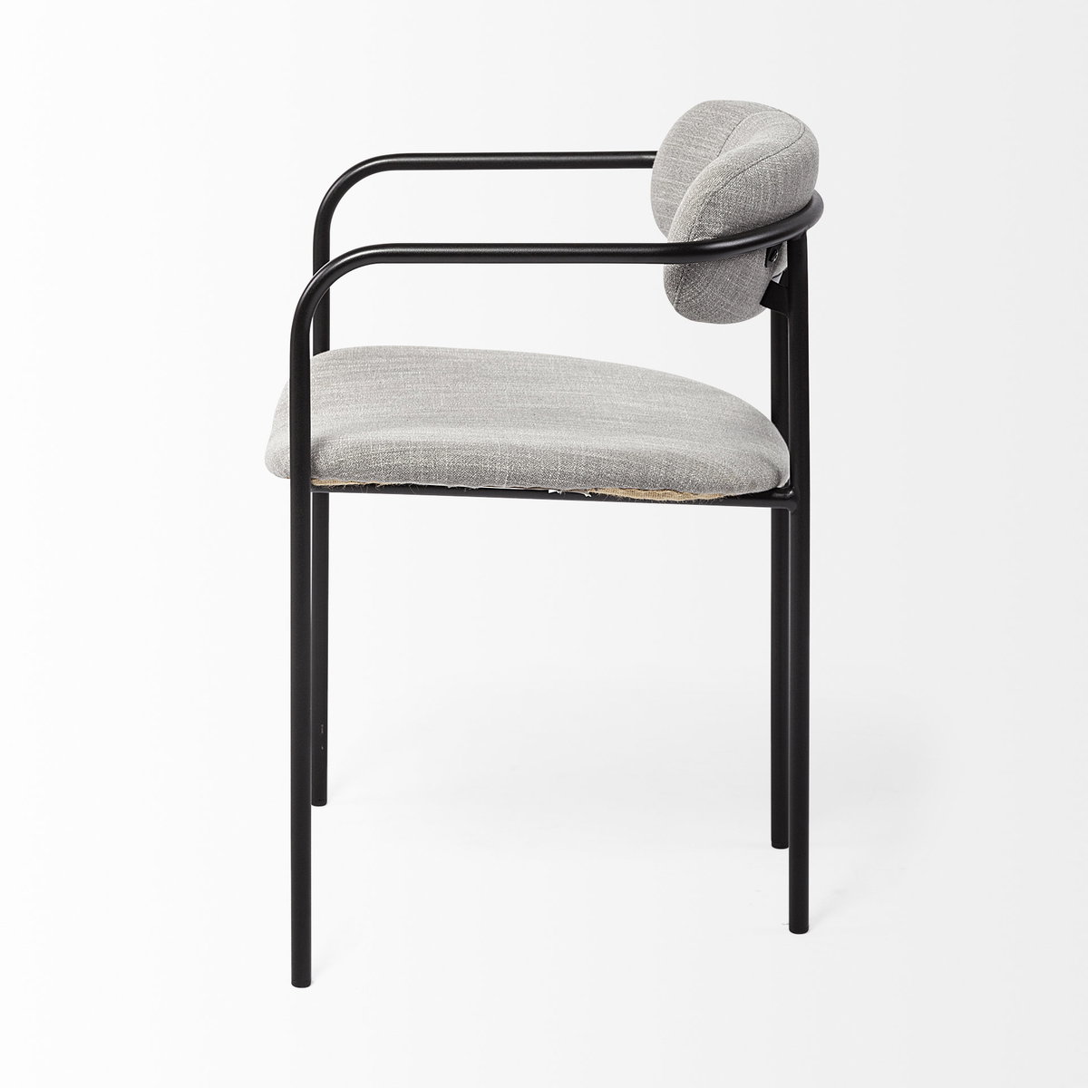 Parker Curved Back Dining Arm Chair | Gray Fabric with Black Metal, Dining Chair by Mercana, 21.65" length x 21.26" width x 28.74" height View 8