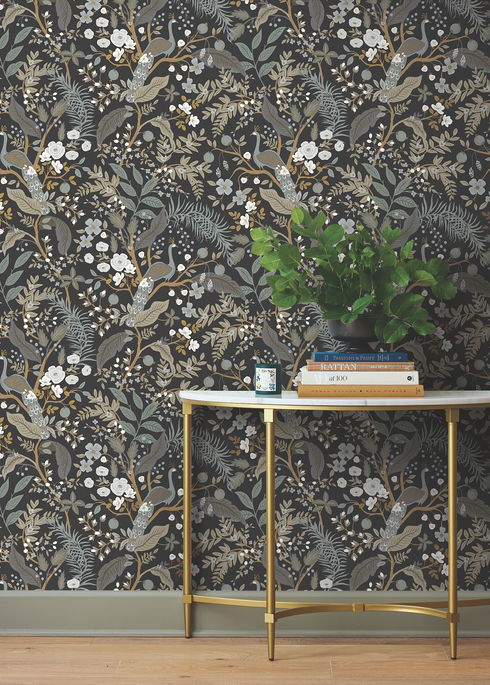 Peacock Garden Black Peel & Stick Wallpaper