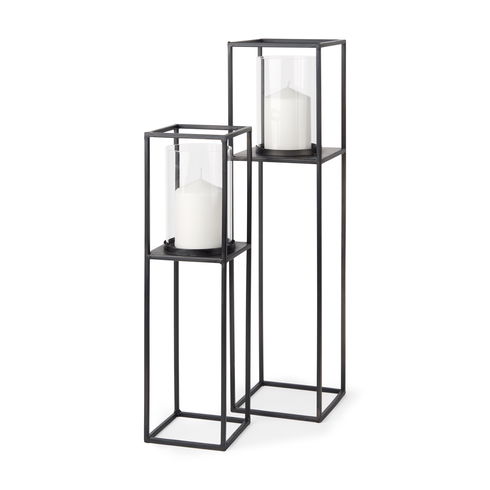 Cindy Set of 2 Matte Black Metal and Hurricane Glass Pillar Tabletop Candle Holders