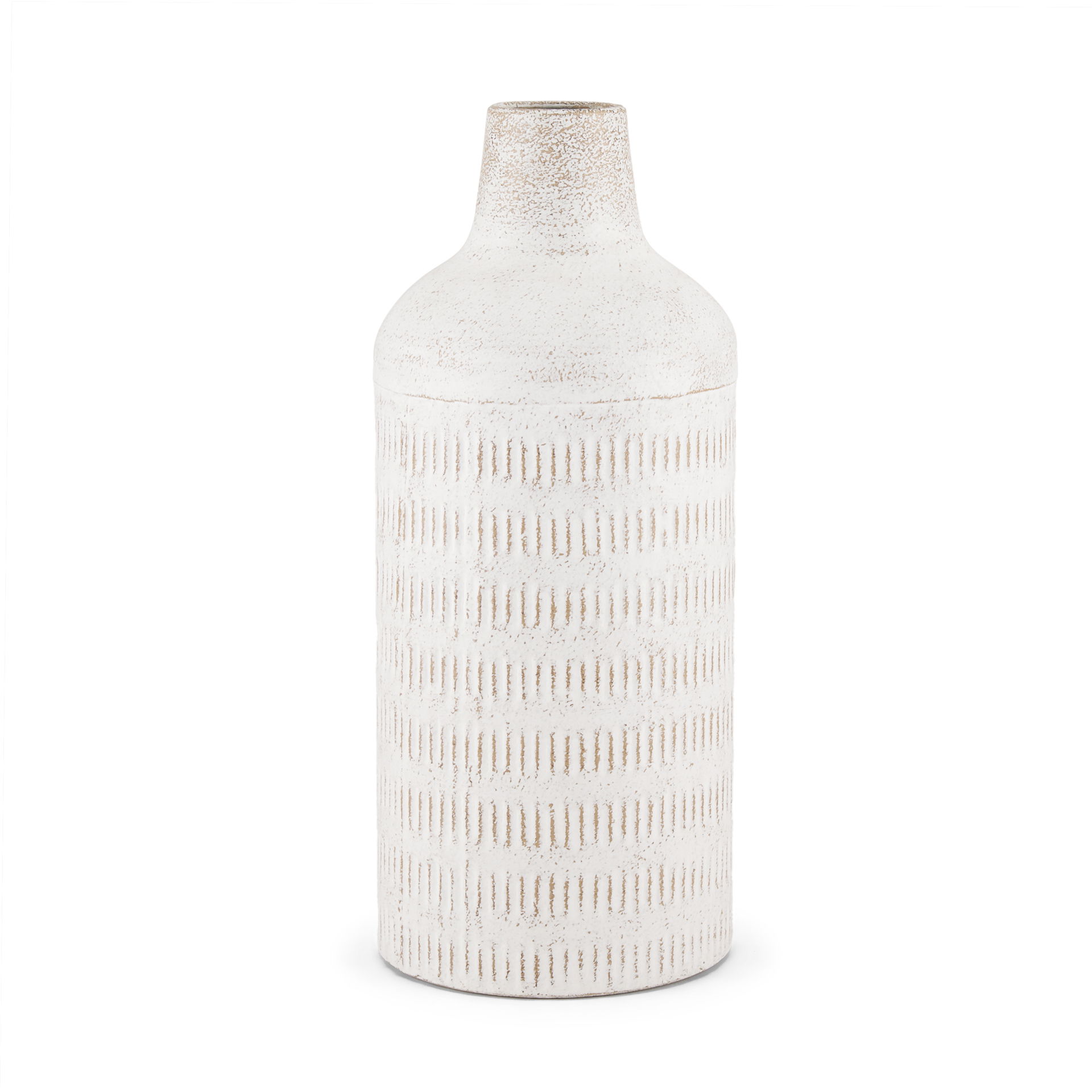 Tisha Large White with Terracotta Distressing Metal Vase, by Mercana, 5.91" length x 5.91" width x 14.17" height View 1