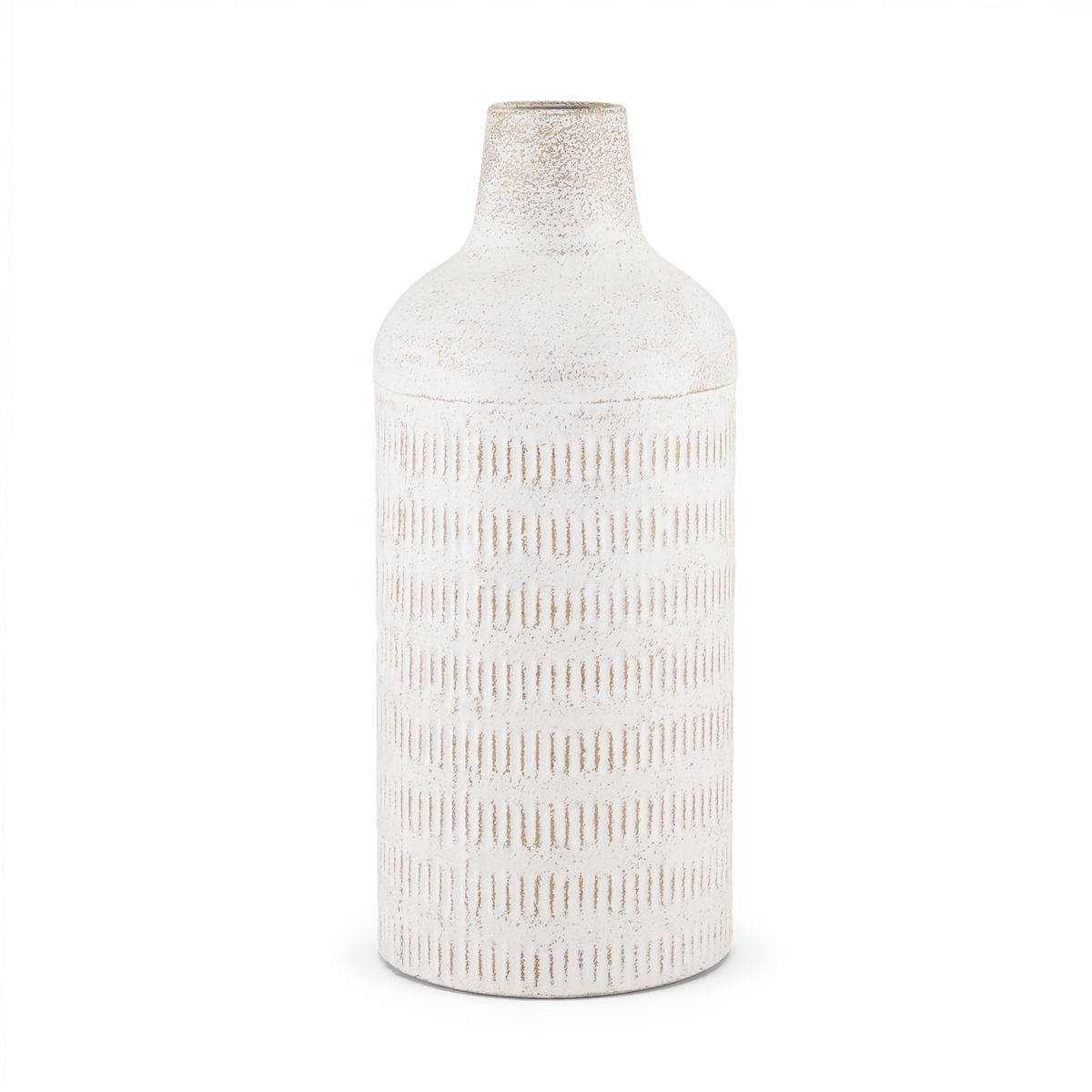 Tisha Large White with Terracotta Distressing Metal Vase, by Mercana, 5.91" length x 5.91" width x 14.17" height View 1