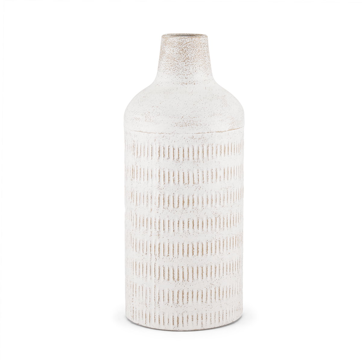 Tisha Large White with Terracotta Distressing Metal Vase, by Mercana, 5.91" length x 5.91" width x 14.17" height View 1