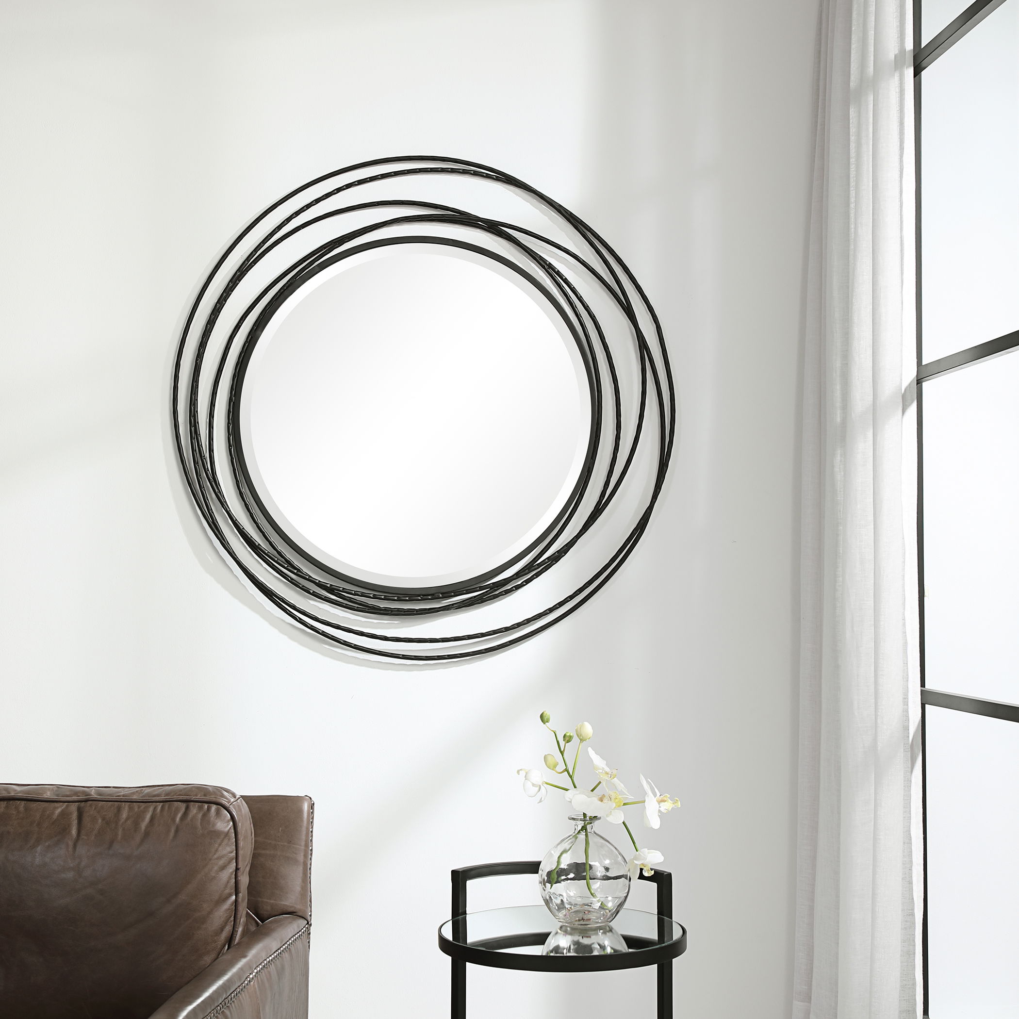 Whirlwind Black Round Mirror, by Uttermost, 39.37" width x 39.37" height x 1.15" depth View 2