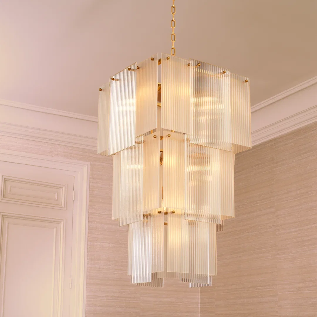 Chandelier Giardano Clear And Frosted Glass Antique Brass Finish, by Eichholtz USA, 24.8" width x 39.37" height x 24.8" depth View 3