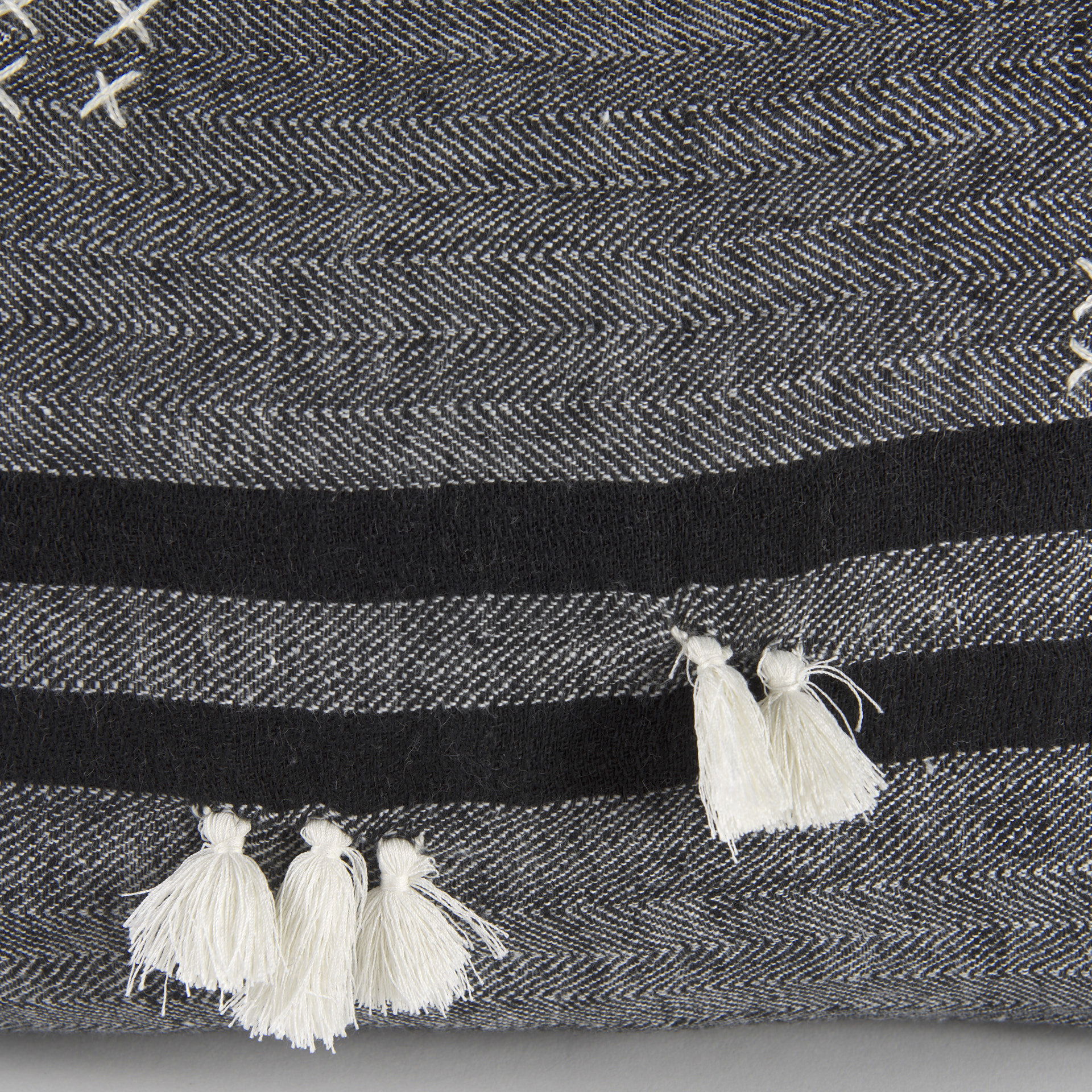 Sibyl 13L x 21W Black Fabric Striped and White Fringed Decorative Pillow Cover large image 