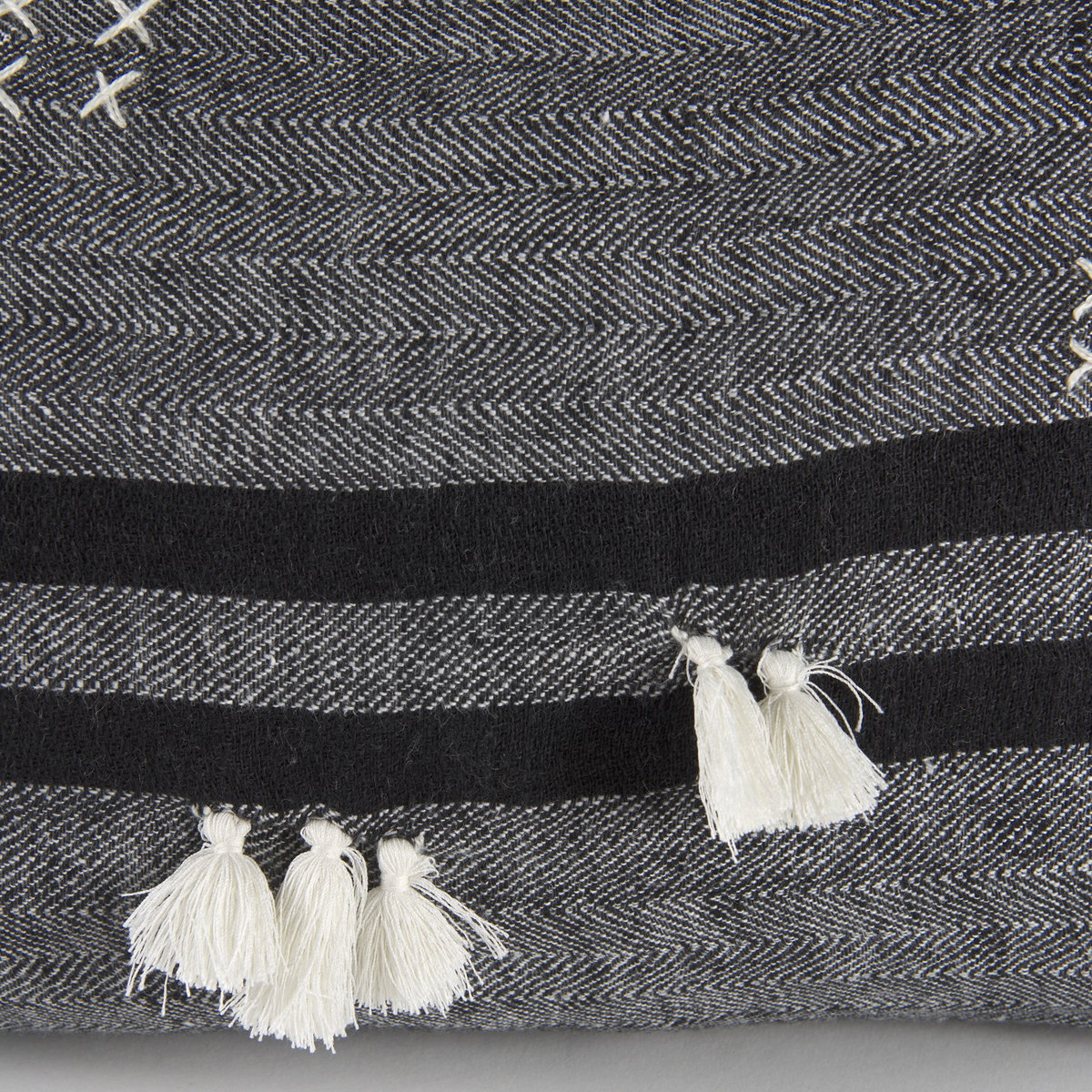 Sibyl 13x21 Black Fabric Striped and White Fringed Pillow Cover, Decorative Pillow by Mercana, 13" length x 21" width x 0.2" height View 11