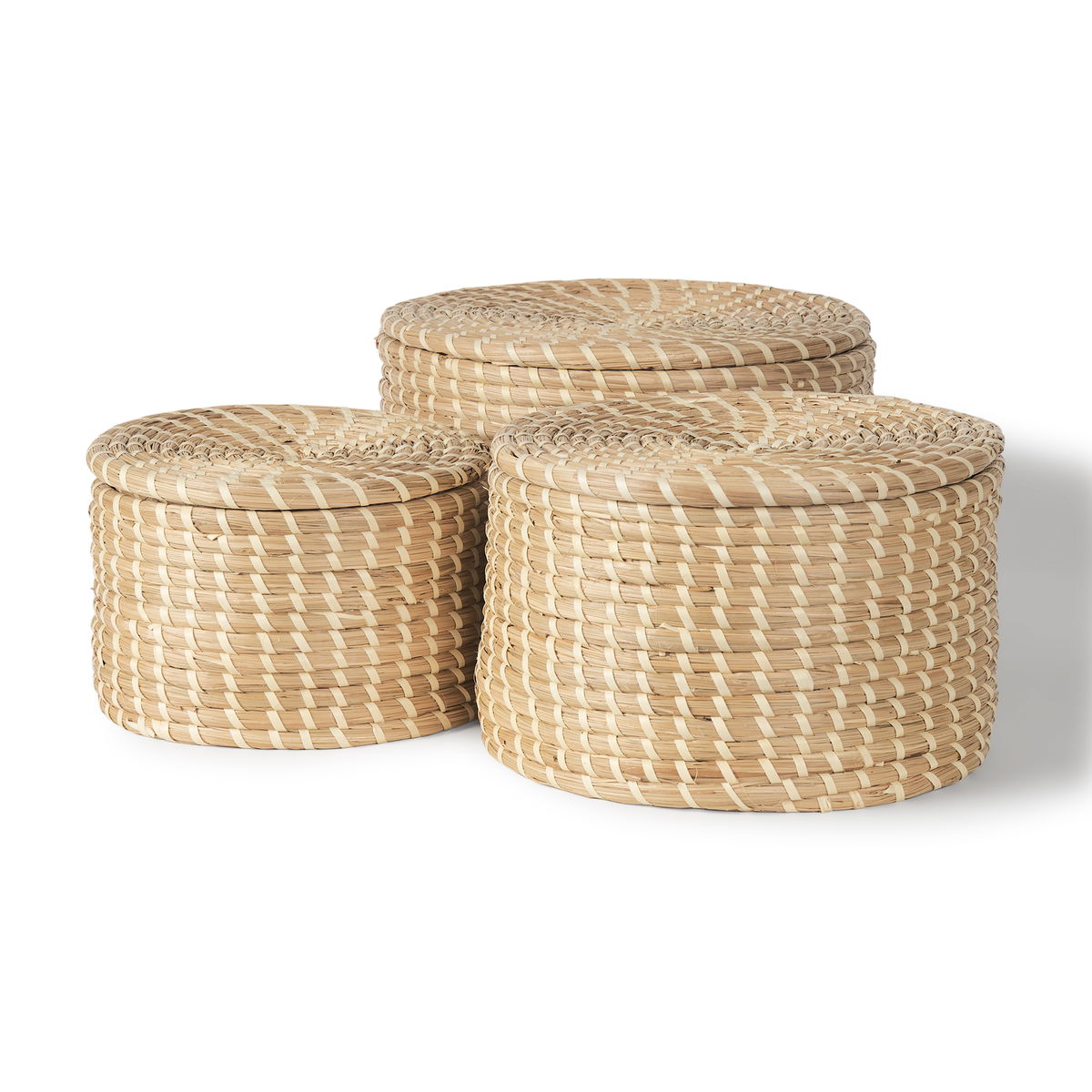 Kailini Set of 3 Nesting Seagrass & Palm Leaf Boxes with Lids, by Mercana, 13.39" length x 13.39" width x 8.27" height View 1