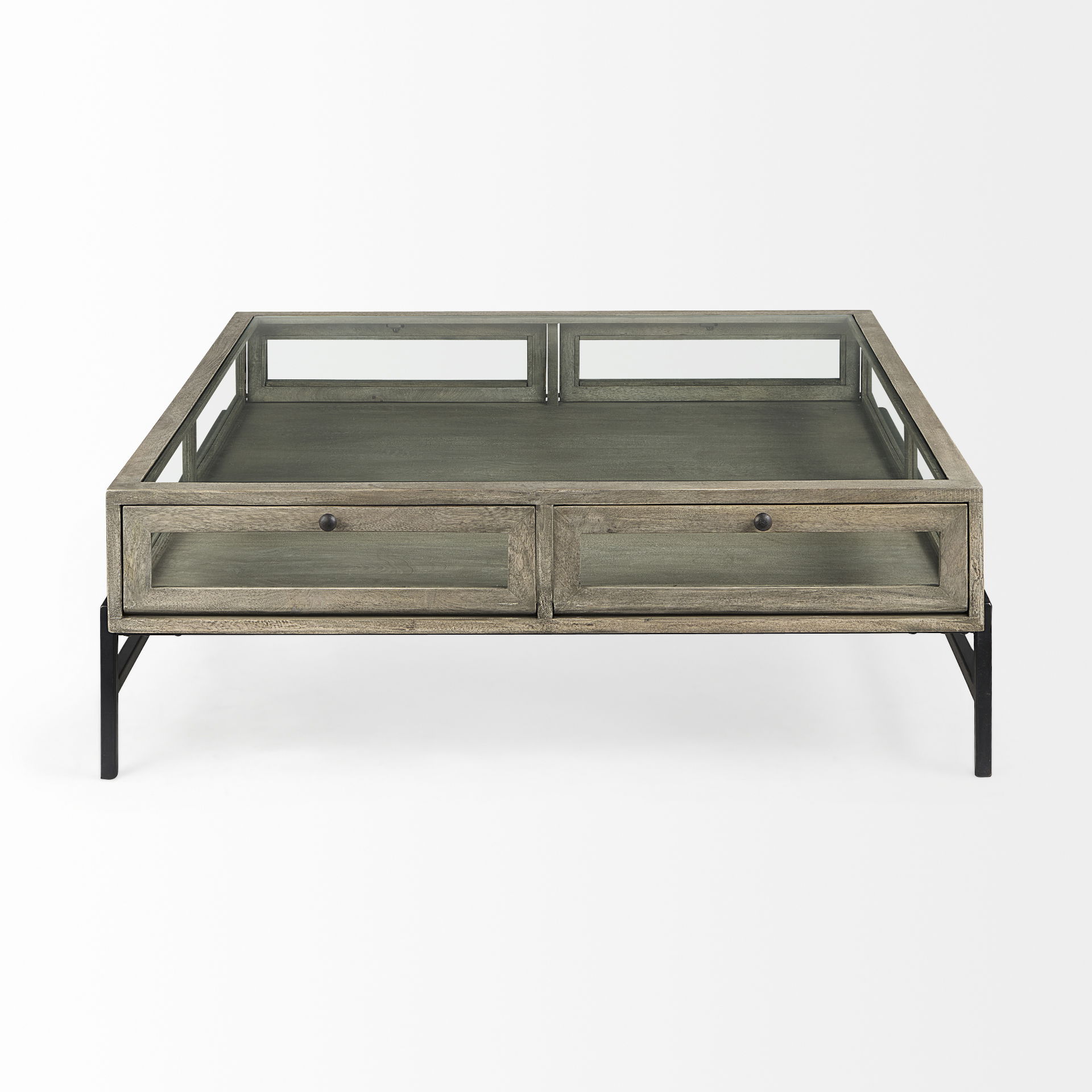 Arelius 42' Square Glass-Top Gray Wood with Black Metal Base Display Coffee Table, by Mercana, 43.5" length x 42" width x 15" height View 6