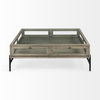 Arelius 42' Square Glass-Top Gray Wood with Black Metal Base Display Coffee Table, by Mercana, 43.5" length x 42" width x 15" height thumbnail 6