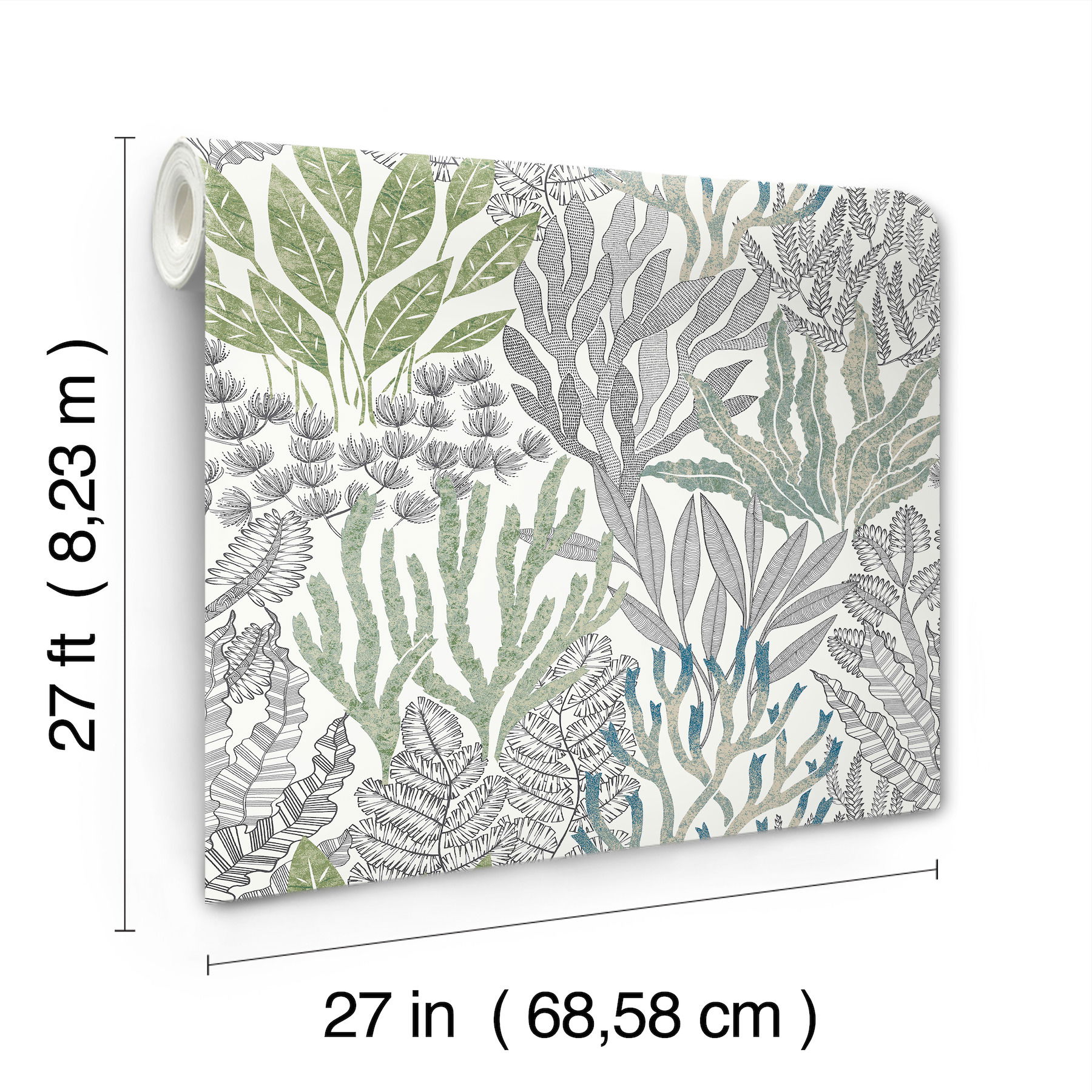 Coral Leaves Blue & Green Wallpaper, by York Wall, 27' length x 2'3" width x 0.02" depth View 8