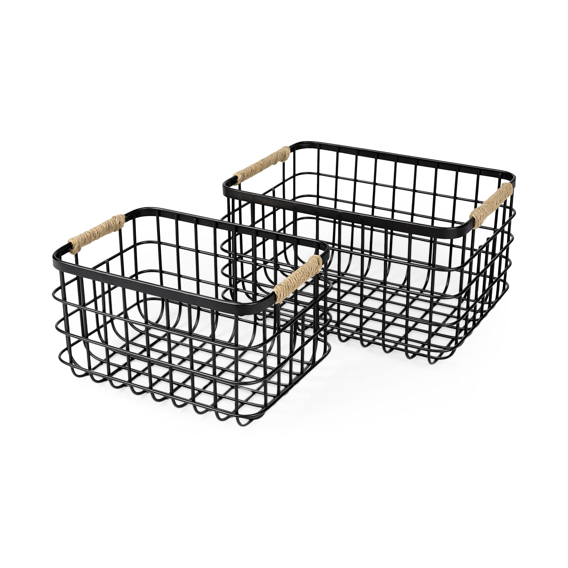 Marius 20.9L x 15.2W x 12.2 Set of Two Matte Black Metal with Rope Trim Rectangular Baskets large image 