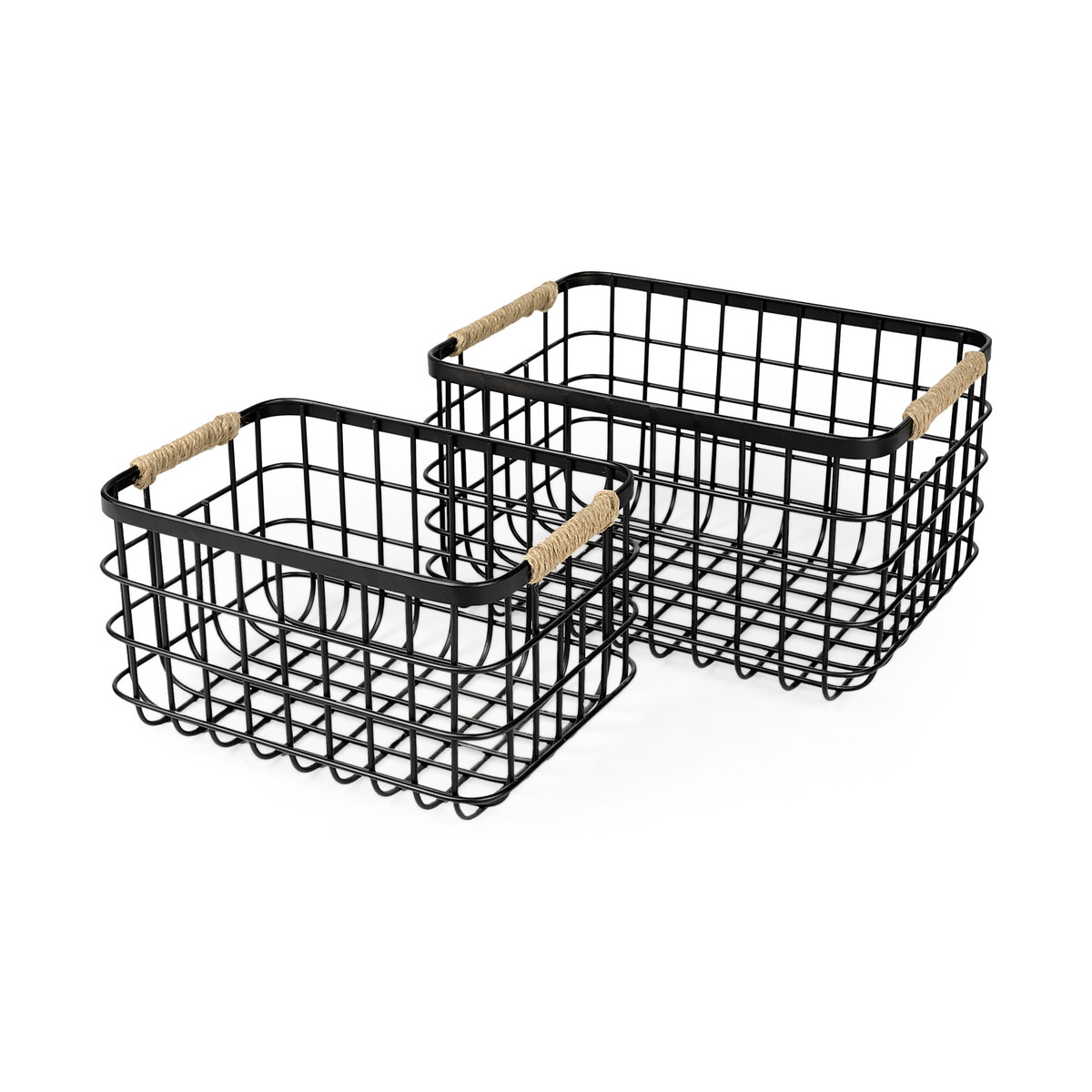 Marius (Set of 2) Matte Black Metal with Rope Trim Rectangular Baskets, Bins & Basket by Mercana, 20.87" length x 15.16" width x 12.2" height View 1
