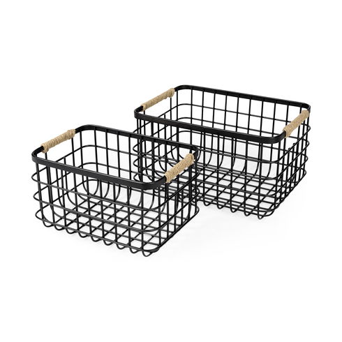 Marius (Set of 2) Matte Black Metal with Rope Trim Rectangular Baskets