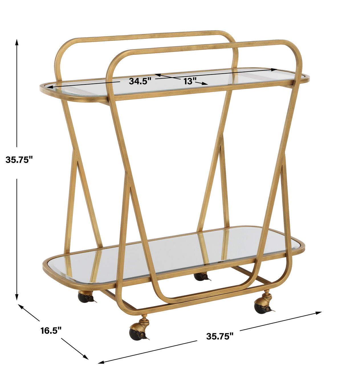 Swain Brass Serving Cart, Bar Carts & Cabinet by Uttermost, 35.75" width x 35.75" height x 16.5" depth View 3