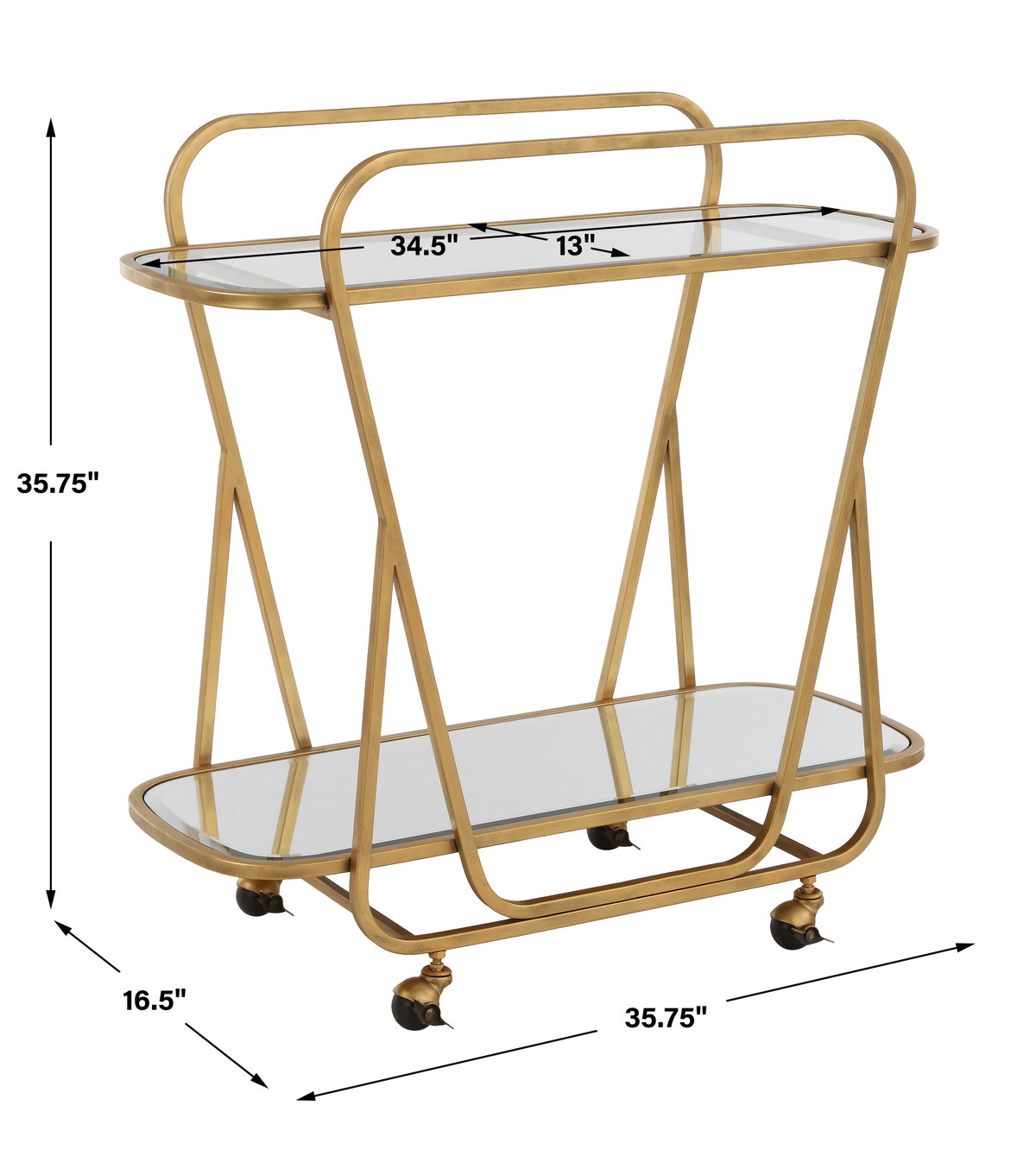 Swain Brass Serving Cart, Bar Carts & Cabinet by Uttermost, 35.75" width x 35.75" height x 16.5" depth View 3