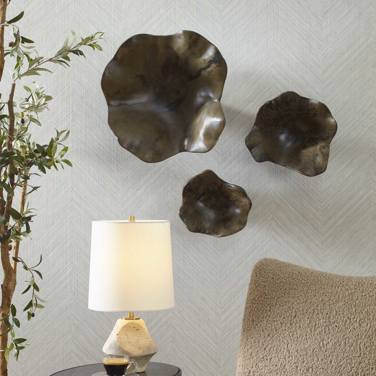 Two Wood Wall Décor In Mocha Set/3, Sculptural Wall Art by Uttermost, 16" width x 16" height x 7" depth View 8