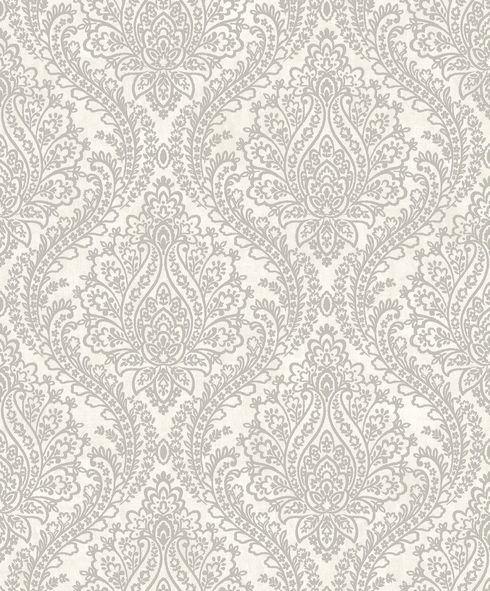 White & Silver Tattersall Damask Wallpaper
