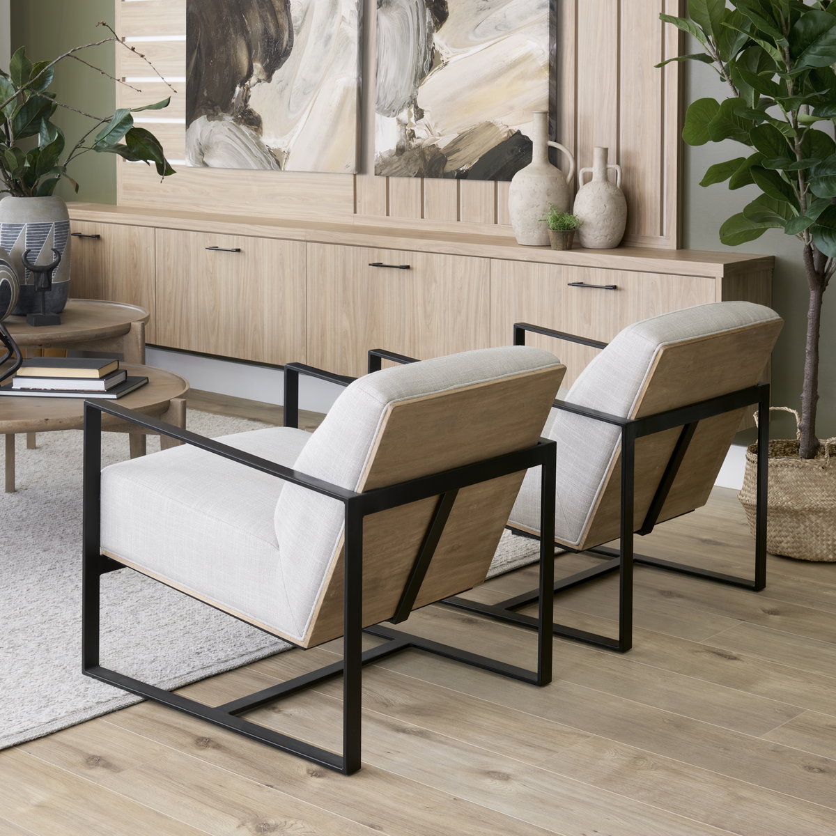 Stamford Light Beige Upholstered Seat with Wood Back, Metal Frame Accent Chair, by Mercana, 24.41" length x 31.89" width x 28.94" height View 5