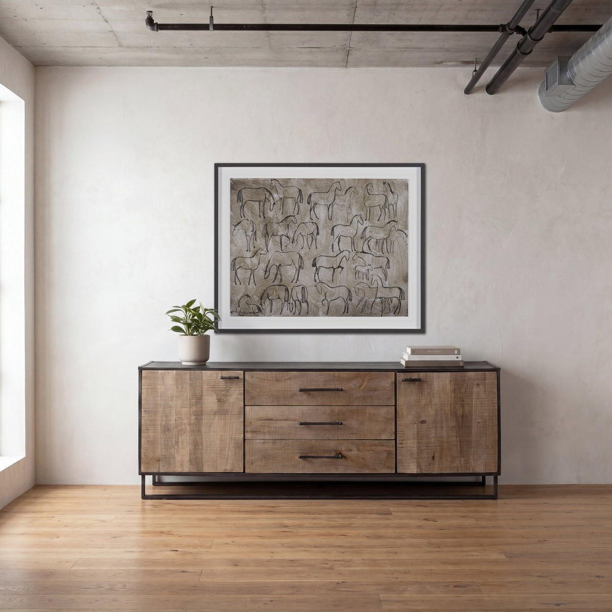 Alvin 82x20 Brown Solid Wood With Black Metal Frame 3 Drawer 2 Cabinet Door Sideboard, Sideboards & Buffet by Mercana, 82" length x 20" width x 30" height View 5