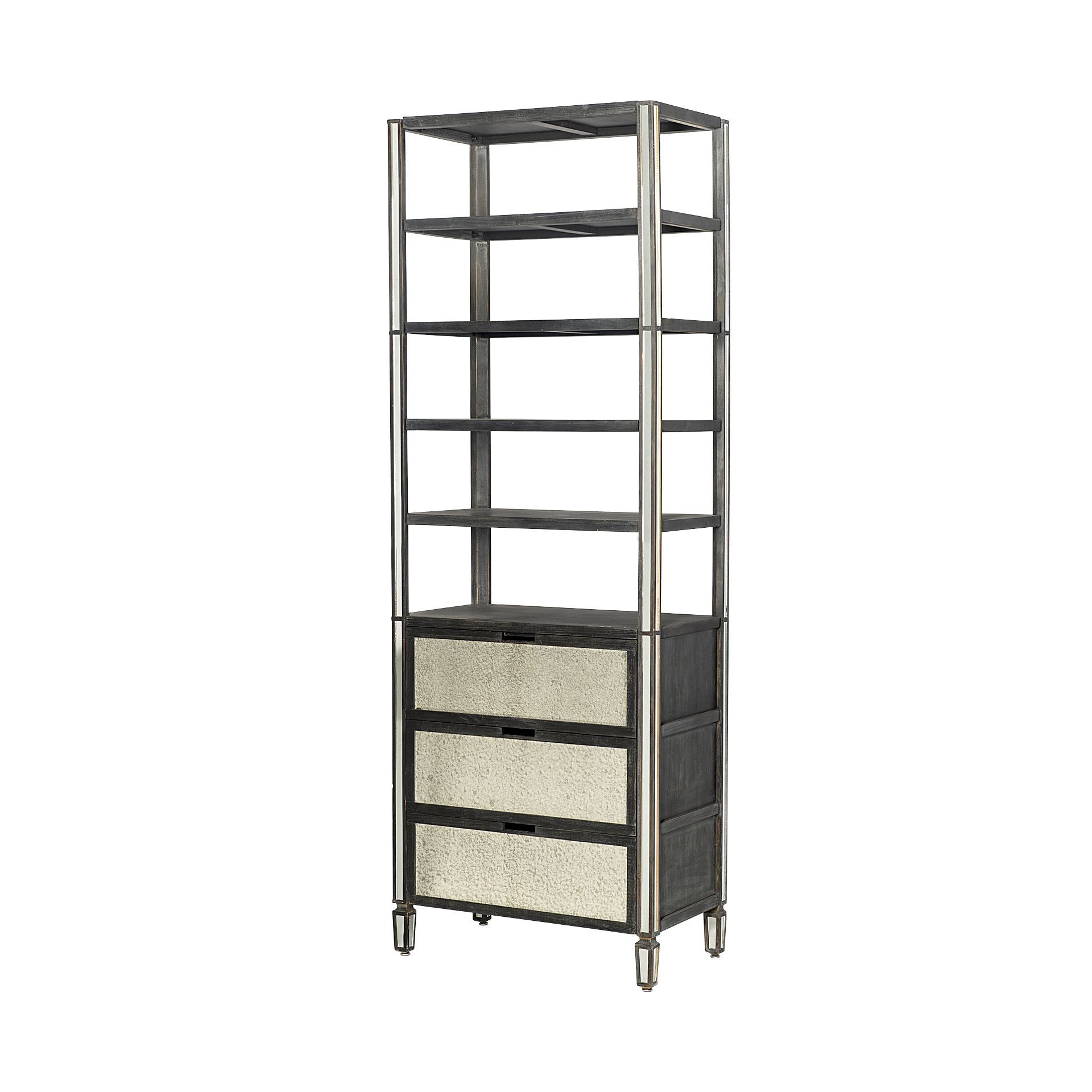 Sunnyvale 32L x 18W x 90H Dark Brown Solid Wood and Mirrored Glass Four Shelf Shelving Unit, Shelving & Bookcase by Mercana, 32" length x 18" width x 90" height View 1