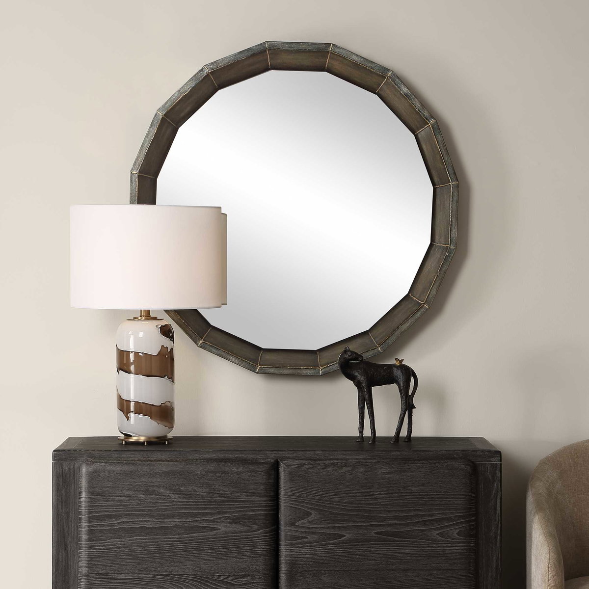 Neve Bronze Round Mirror, by Uttermost, 34.25" width x 34.25" height x 3" depth View 2