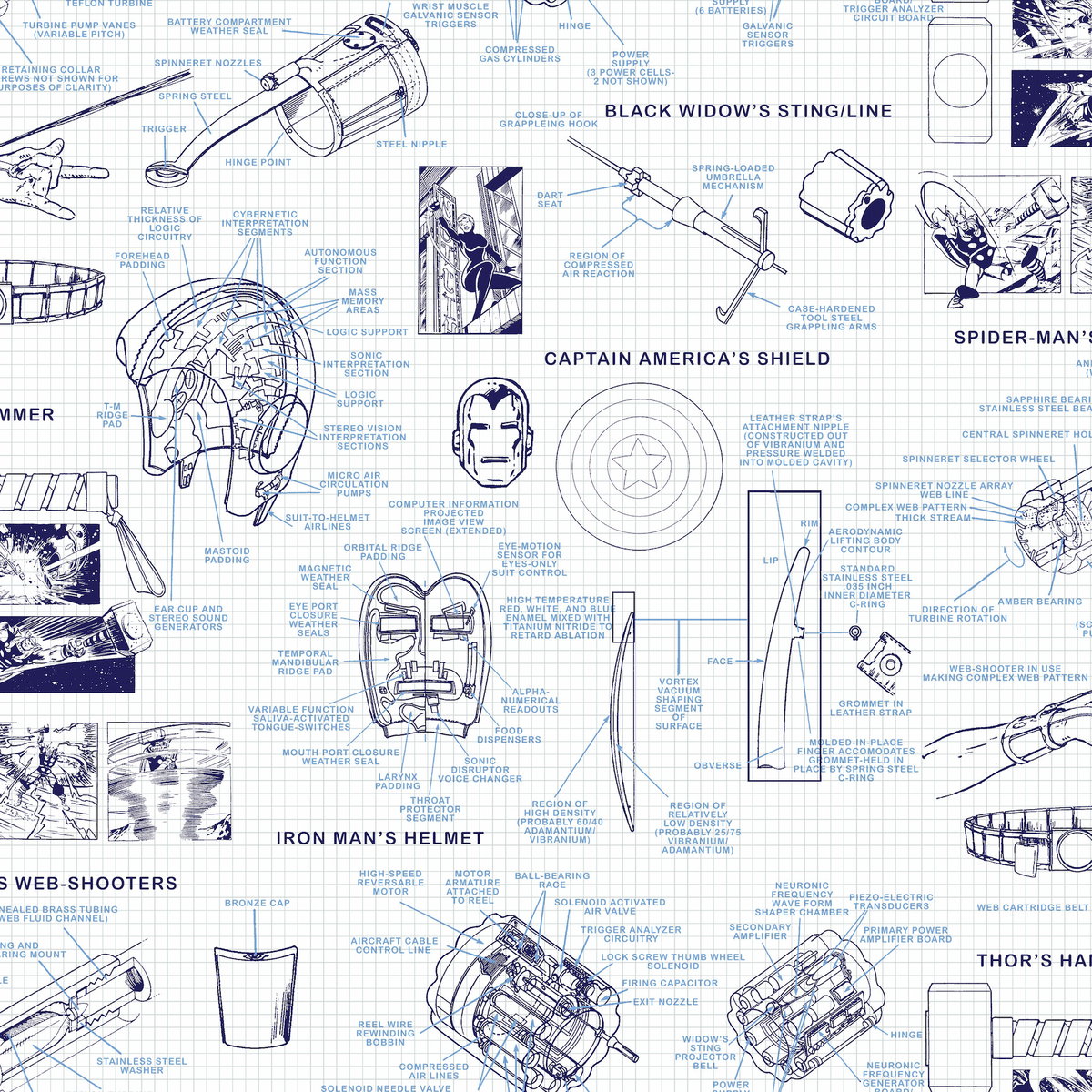 Marvels Heroes Schematics Blue Wallpaper, by York Wall, 33' length x 1'8.5" width x 0.02" depth