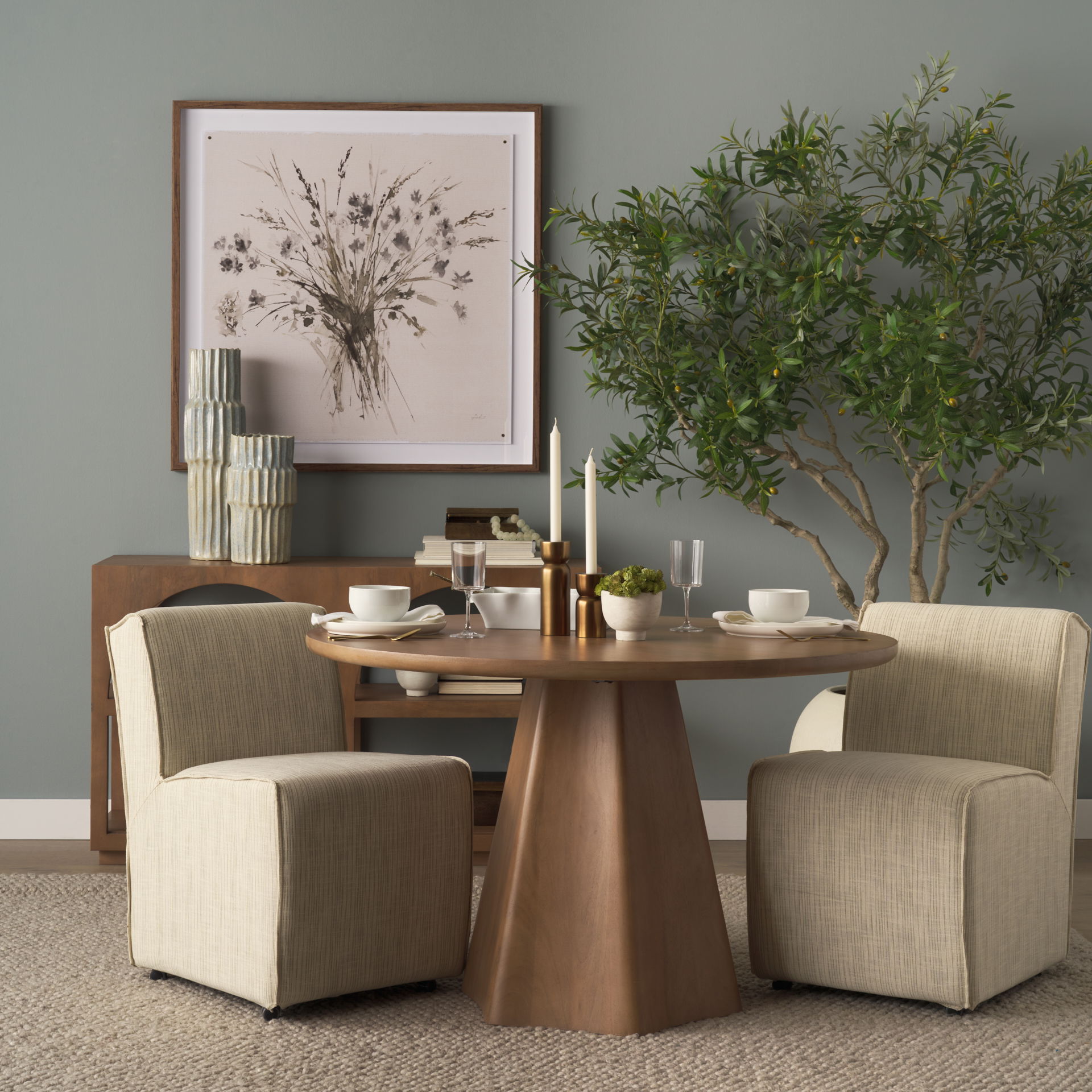 Damon Fully Upholstered Cream-Toned Fabric Dining Chair on Casters, by Mercana, 19.75" length x 26.25" width x 31.75" height View 2