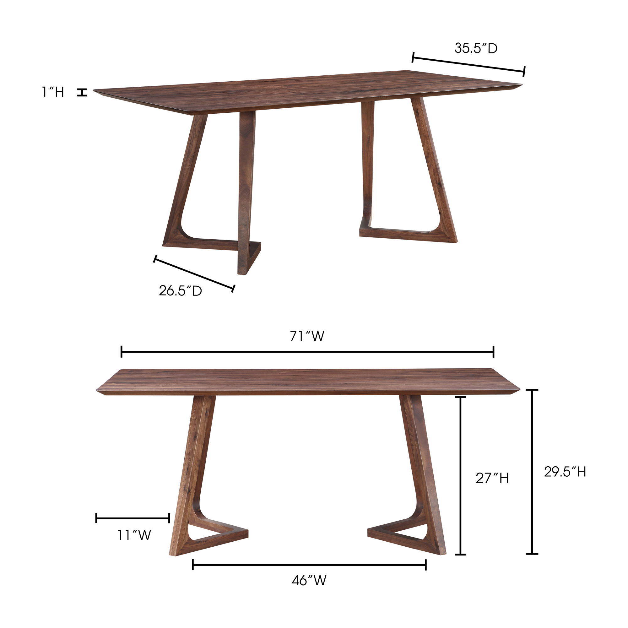 Godenza Rectangular Dining Table Walnut, by Moe's Home, 71" width x 29.5" height x 35.5" depth View 11