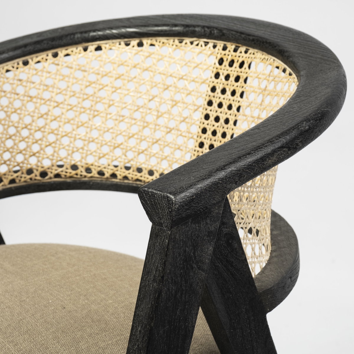 Tabitha Cane Back Dining Arm Chair | Linen with Black Wooden, Dining Chair by Mercana, 23" length x 23" width x 30" height View 8