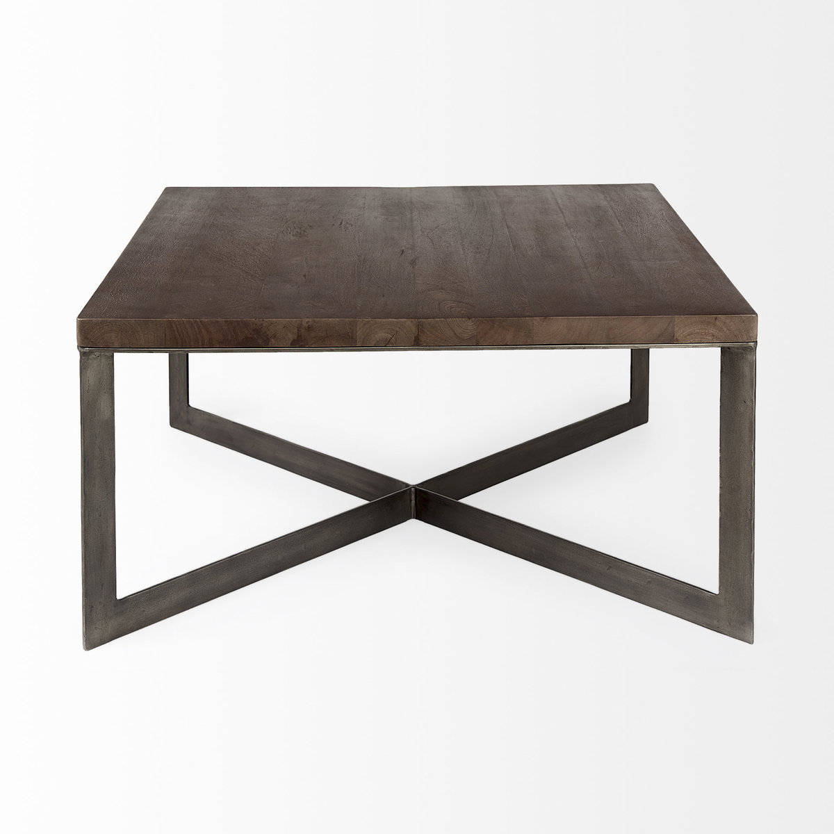 Faye 34L x 34W x 17H Medium Brown Wood with Antique Nickel Metal Base Square Coffee Table, by Mercana, 34" length x 34" width x 17" height View 4