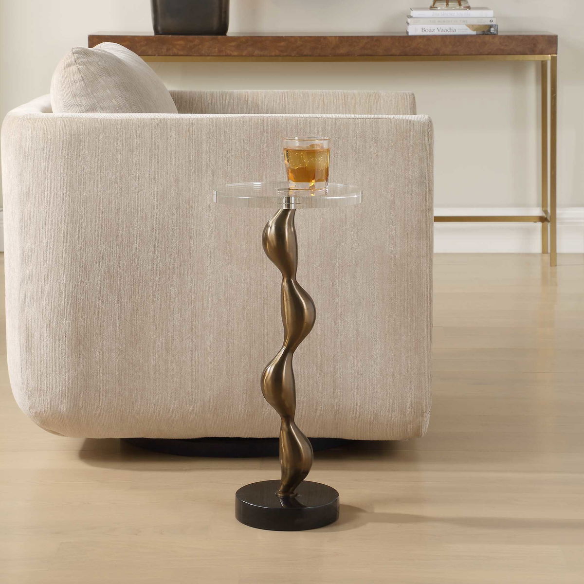 Remolino Bronze Drink Table, Side & End Table by Uttermost, 10" width x 22.25" height x 10" depth View 2
