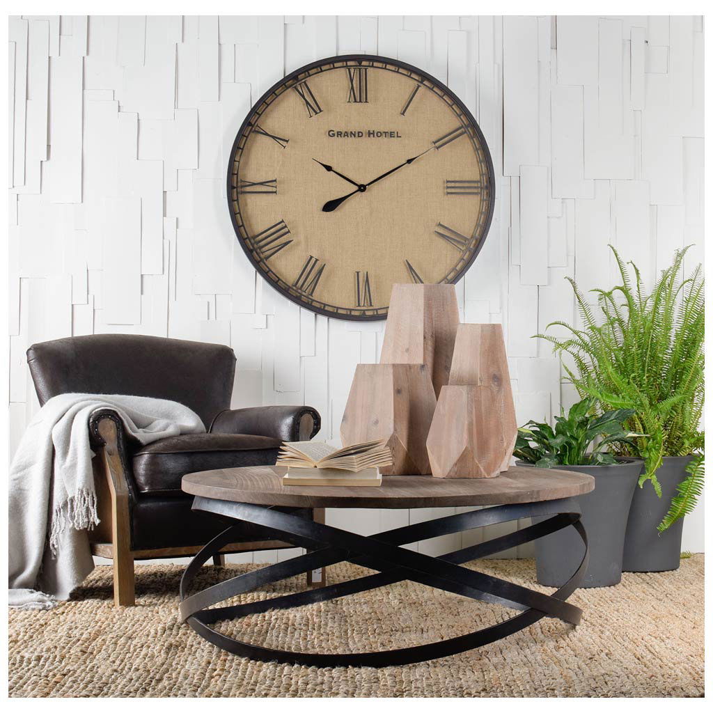 Triumph 40' Round Brown Solid Wood Top Black Metal Base Coffee Table, by Mercana, 40" length x 40" width x 16" height View 3