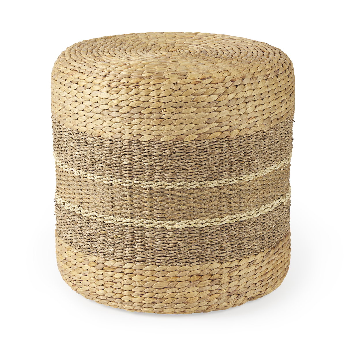 Maya  Light Brown with Medium Brown Stripes Seagrass Round Pouf, Ottoman by Mercana, 17.72" length x 17.72" width x 17.72" height View 1