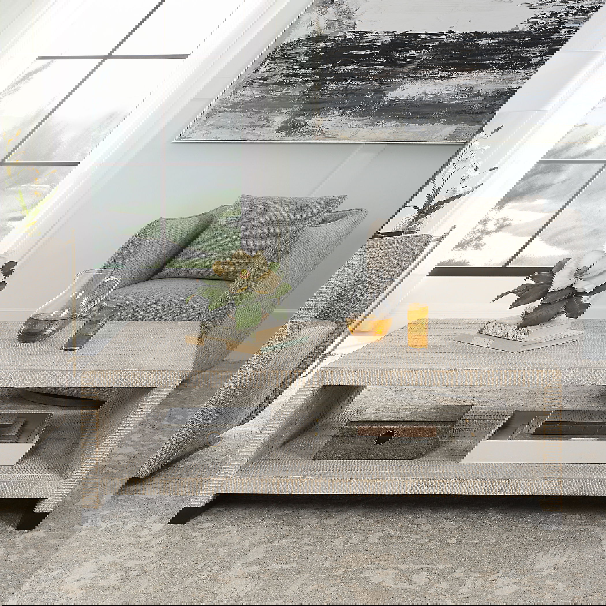 Bosk White Washed Coffee Table, Furniture by Uttermost, 53.87" width x 18.12" height x 29.87" depth View 2