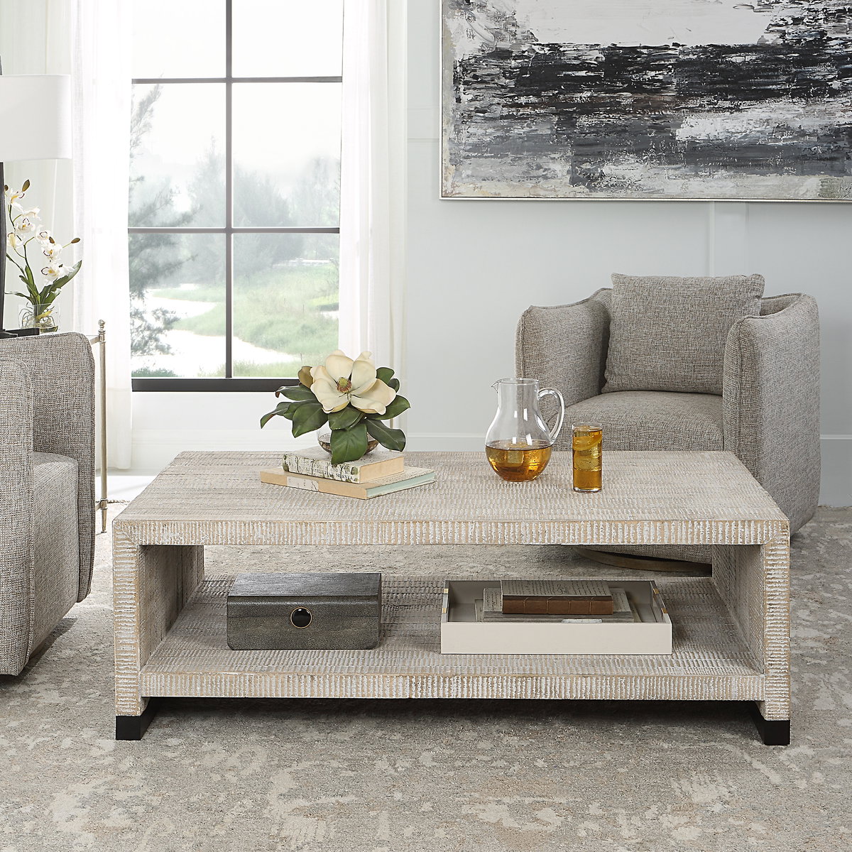 Bosk White Washed Coffee Table, by Uttermost, 53.87" width x 18.12" height x 29.87" depth View 2