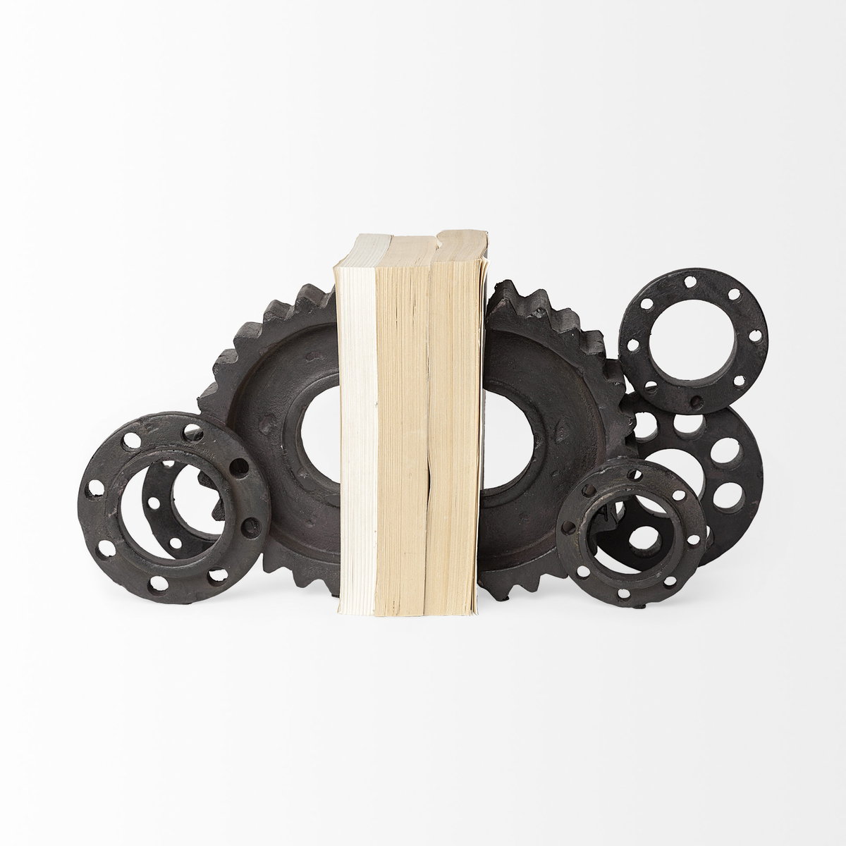 Cogsworth Set of 2 14L x 4W Brown Resin Industrial Gear Bookends, by Mercana, 13.58" length x 4" width x 8.07" height View 5