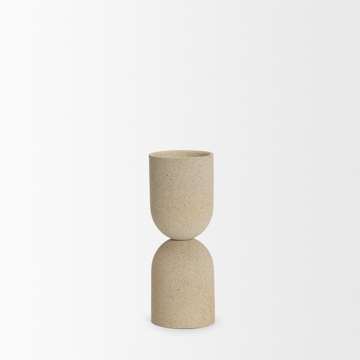 Qamra Short Beige Textured Metal Pillar Candle Holder, Candles & Candle Holder by Mercana, 3.5" length x 3.5" width x 9.25" height View 5
