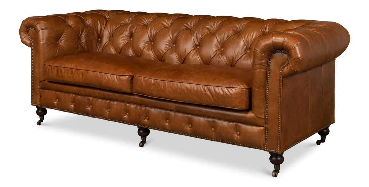 Tufted English Club Sofa  Cuba Brown, by Sarreid, 3'2" length x 7'5" width x 2'8" height View 1