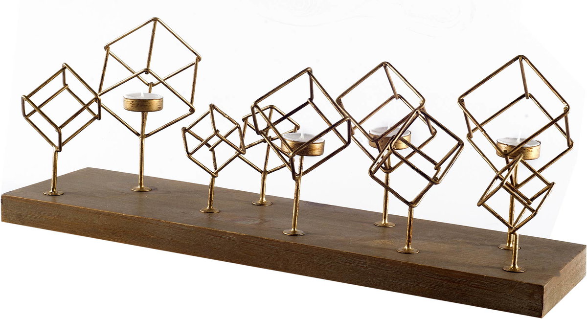 Salvador II Wood Base Brass Cube Tea Light Table Candle Holder, Candles & Candle Holder by Mercana, 22.05" length x 7.28" width x 8" height View 1