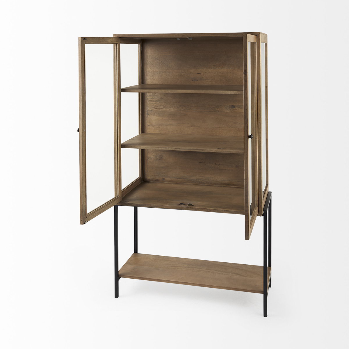 Arelius 36L x 18.75W x 63H Light Brown Wood with Black Metal Base Display Cabinet, Cabinets & Sideboard by Mercana, 36" length x 18.75" width x 63" height View 8